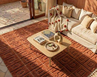 Terracotta Moroccan Wool Rug - Sculpted High Low Grid Geometric Burnt Orange Area Carpet
