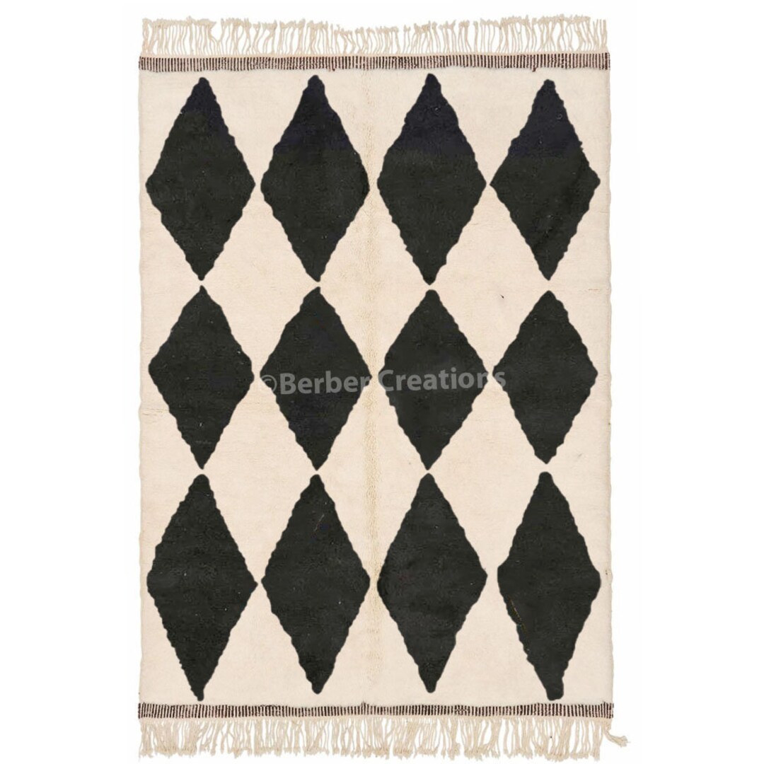 Moroccan Wool Rug Black Diamond, Handmade Beni Ourain Rug, Black and