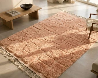 Peach Grid Beni Ourain Rug | Handwoven Plush Moroccan wool Carpet | High low pile style