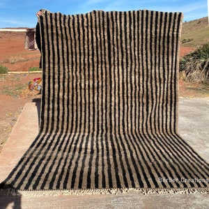 Striped Moroccan Wool Rug, Soft Beni Mrirt Wool Rug,  Handmade Berber Rug, Black and Beige Area Rug,  Plush Authentic Beni Wool Rug