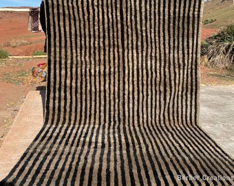 Striped Moroccan Wool Rug, Soft Beni Mrirt Wool Rug,  Handmade Berber Rug, Black and Beige Area Rug,  Plush Authentic Beni Wool Rug