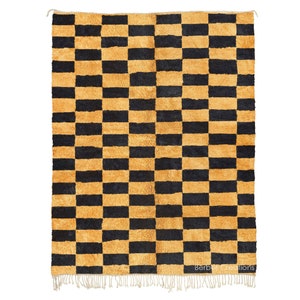Moroccan Wool Rug, Checkered Berber Rug, Shag Yellow Rug, Black and Yellow Area Rug, Beni Rug