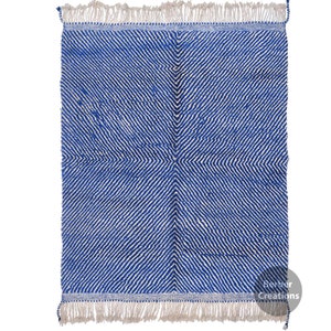 Blue and White Moroccan Rug, Striped Beni Ourain Rug