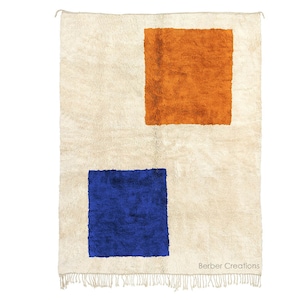 Moroccan Beni Mrirt Rug - Handwoven Wool Area Rug - Orange and Blue Squares Rug, Berber Handmade Rug, Beni Rug