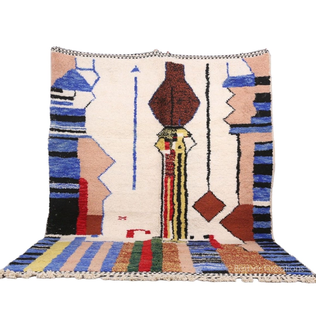 【新品未使用】モロッコ直輸入 ハンベルラグ 抽象的なモロッコのラグ 6.5 x 9.8 フィート、手作りのベルベルウール