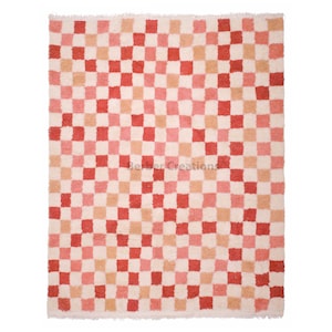 Checkered Wool Rug Pink, Beni Ourain Area rug, Handmade wool rug, Pink Berber Rug