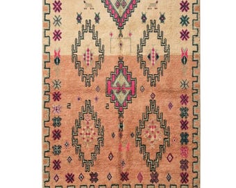Vintage Moroccan Rug, Handwoven Berber Wool Carpet boho style, peach cream and pink