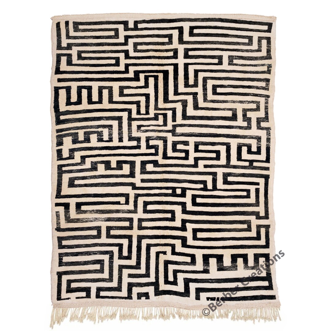 Labryith Rug Labyrinthe Moroccan Rug Black and White, Modern Beni Rug, Berber Carpet ...
