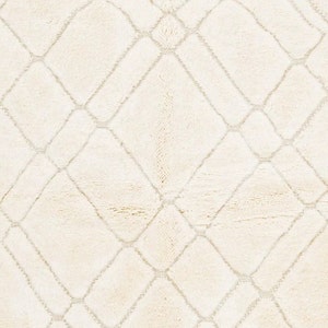 May include: A white rug with a diamond pattern woven into the fabric. The rug has a soft, fluffy texture.