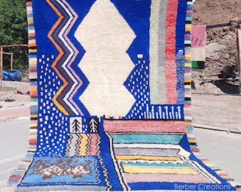 Moroccan Azilal Rug  6.2x9.6 ft, Abstract Boho Berber Wool Rug, Blue Area Rug, Tribal Handmade Rug