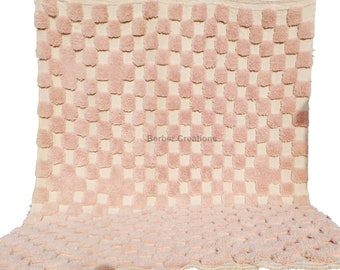 Handmade Pink Checkered Wool Rug: Textured Moroccan Beni Mrirt Rug