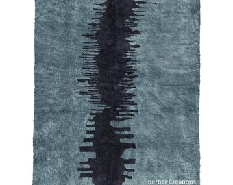 Alfombra de lana Beni Ourain hecha a mano: diseño bereber abstracto en azul y negro