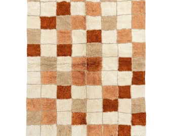 Handmade Moroccan Checkered Rug - Earthy Terracotta & Cream Wool Area Rug - Custom Beni Ourain Checkerboard Carpet