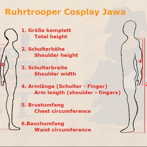 May include: A diagram titled Ruhrtrooper Cosplay Jawa showing four human silhouettes with red lines indicating measurement points. The text labels include Total height, Shoulder height, Shoulder width, Arm length, Chest circumference, and Waist circumference.