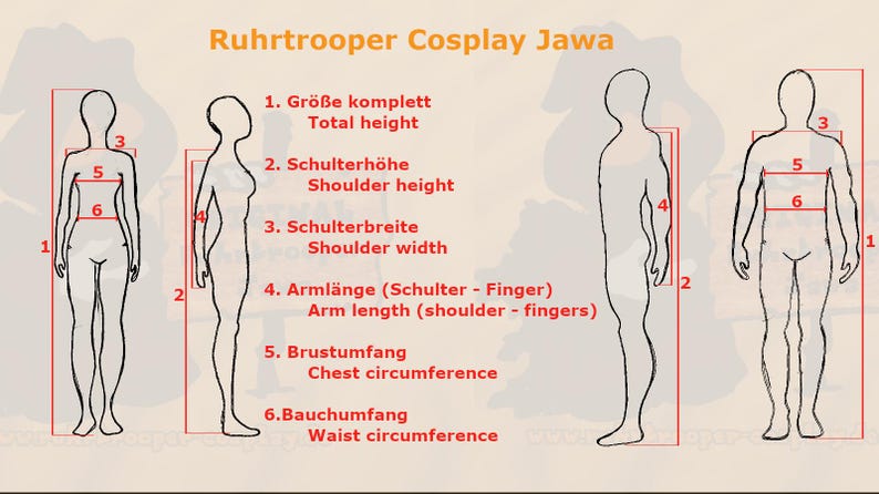 May include: A diagram titled Ruhrtrooper Cosplay Jawa showing four human silhouettes with red lines indicating measurement points. The text labels include Total height, Shoulder height, Shoulder width, Arm length, Chest circumference, and Waist circumference.