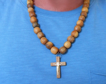 Wood Cross Necklace for Men: Beaded Faith Jewelry