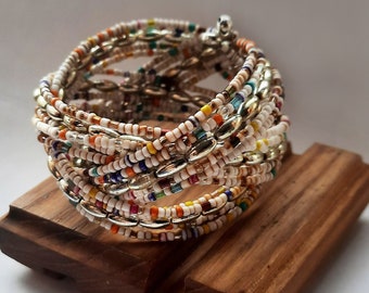 Colorful glass seed bead bracelet, Open cuff bangle