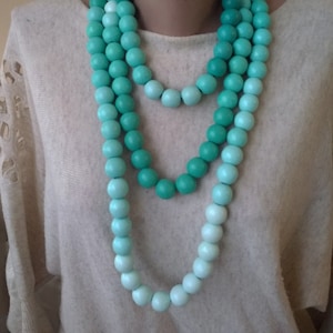 Blue turquoise necklace, Extra long wooden necklace, Lagenlook jewelry