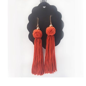 Fringe tassel earrings, Long orange earrings