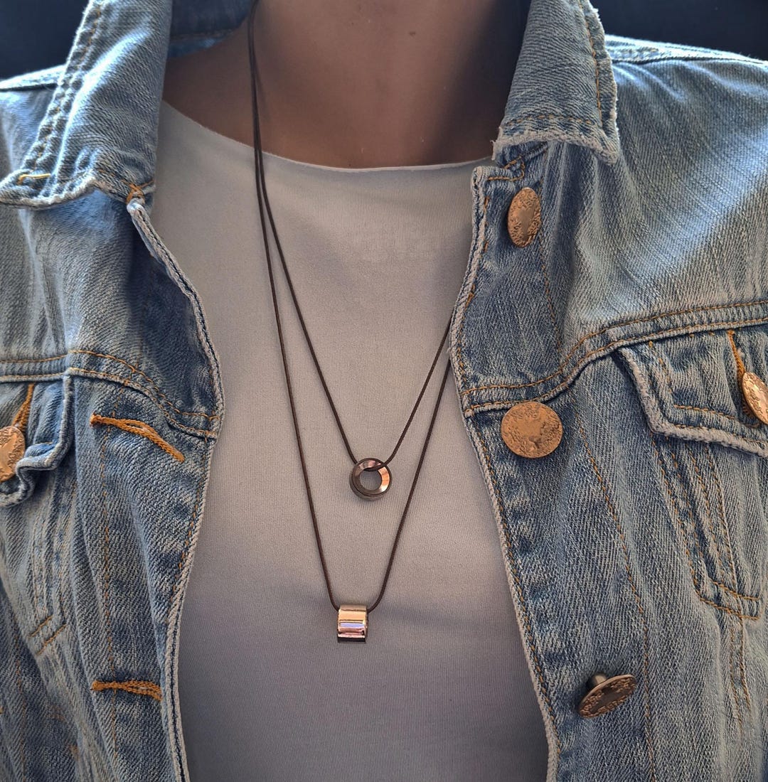 Double Minimalist Chains Necklace With Geometric Chrome Pendants ...