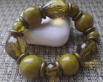 Vintage Olive Green bakelite & Smoky Quartz  Stretch Bracelet