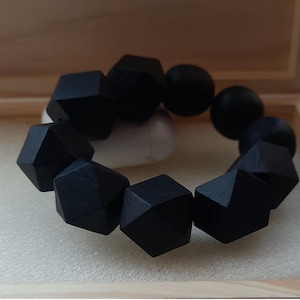 Chunky Black Wood Beads Bracelet, Modern Geometric Jewelry