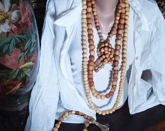 Long wood beaded necklace. Natural hygge decor. Lagenlook jewelry