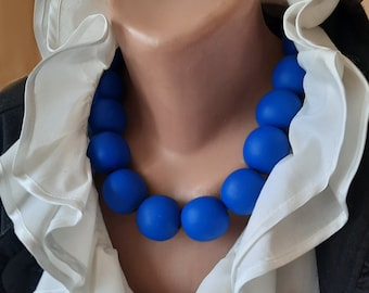 Cobalt Blue Statement necklace. Beaded wooden jewelry