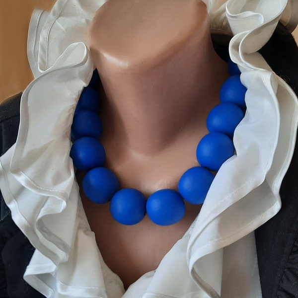 Cobalt Blue Statement necklace. Beaded wooden jewelry