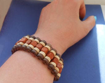 Wooden bead bracelet unisex, Multilayered cuff bangle