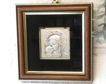 Galion Madonna & Child Art France - Silver Crafted Religious Art - 925 Silver Sculpted Mary and Baby Picture - Collectible French Art