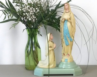 Antique Celluloid Lourdes Mantle Piece - Bernadette - Vision Lourdes - Virgin Mary & Bernadette - 1910s Religious Statuary