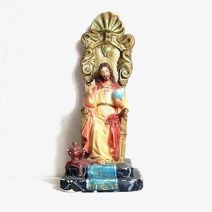 Vintage Jesus Plaster Statue on Shell Throne: Religious Relic