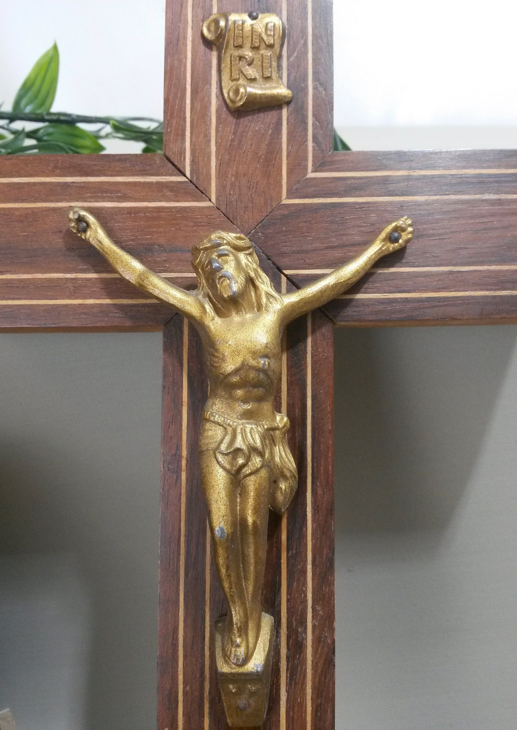 12 Vintage Wooden Wall Crucifix France - Jesus Statue Gold Tone Mid Century Catholic Decor Circa 197