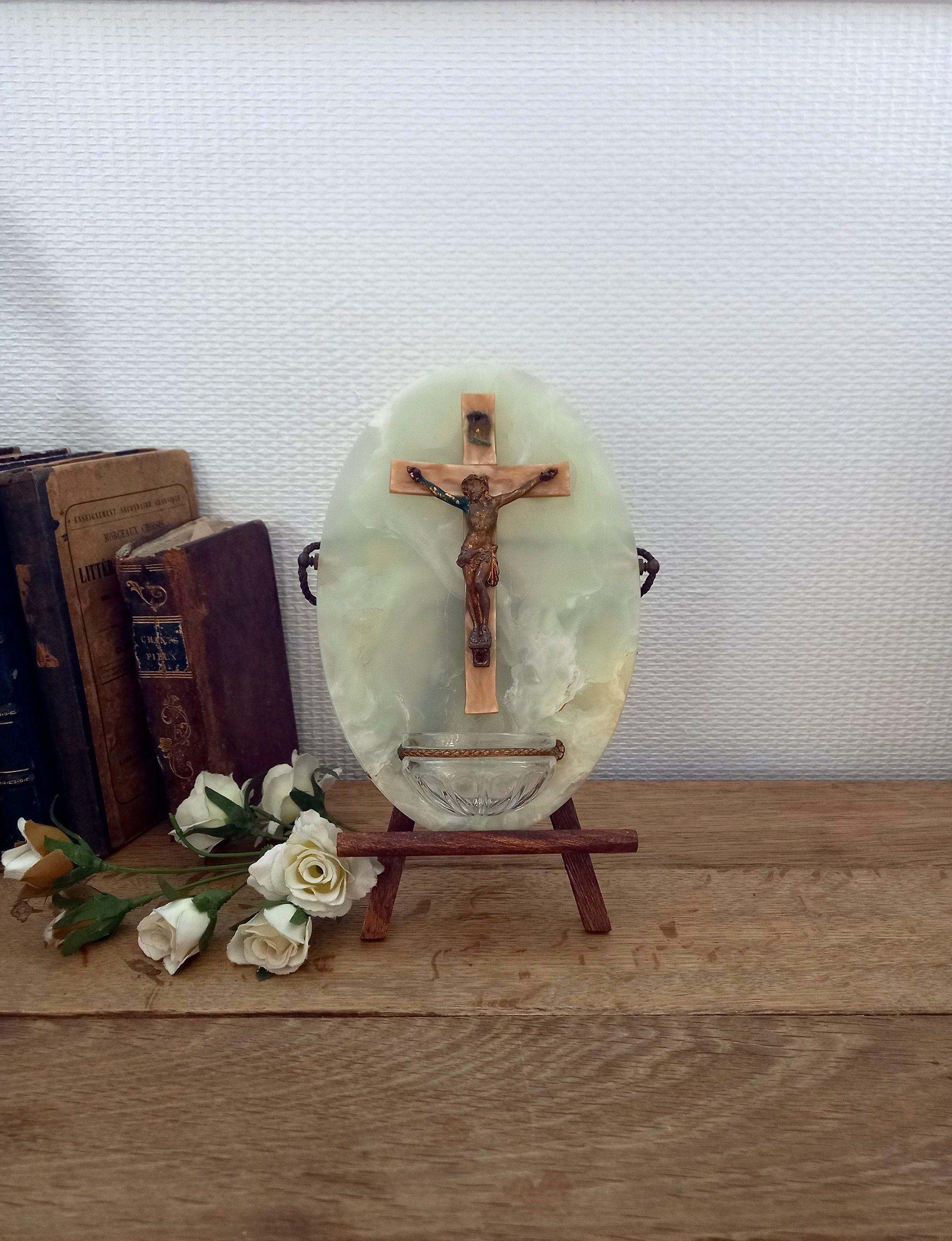 7.87 Antique Green Marble Water Font - Oval 19Th Century Home Français Religious Wall Decor