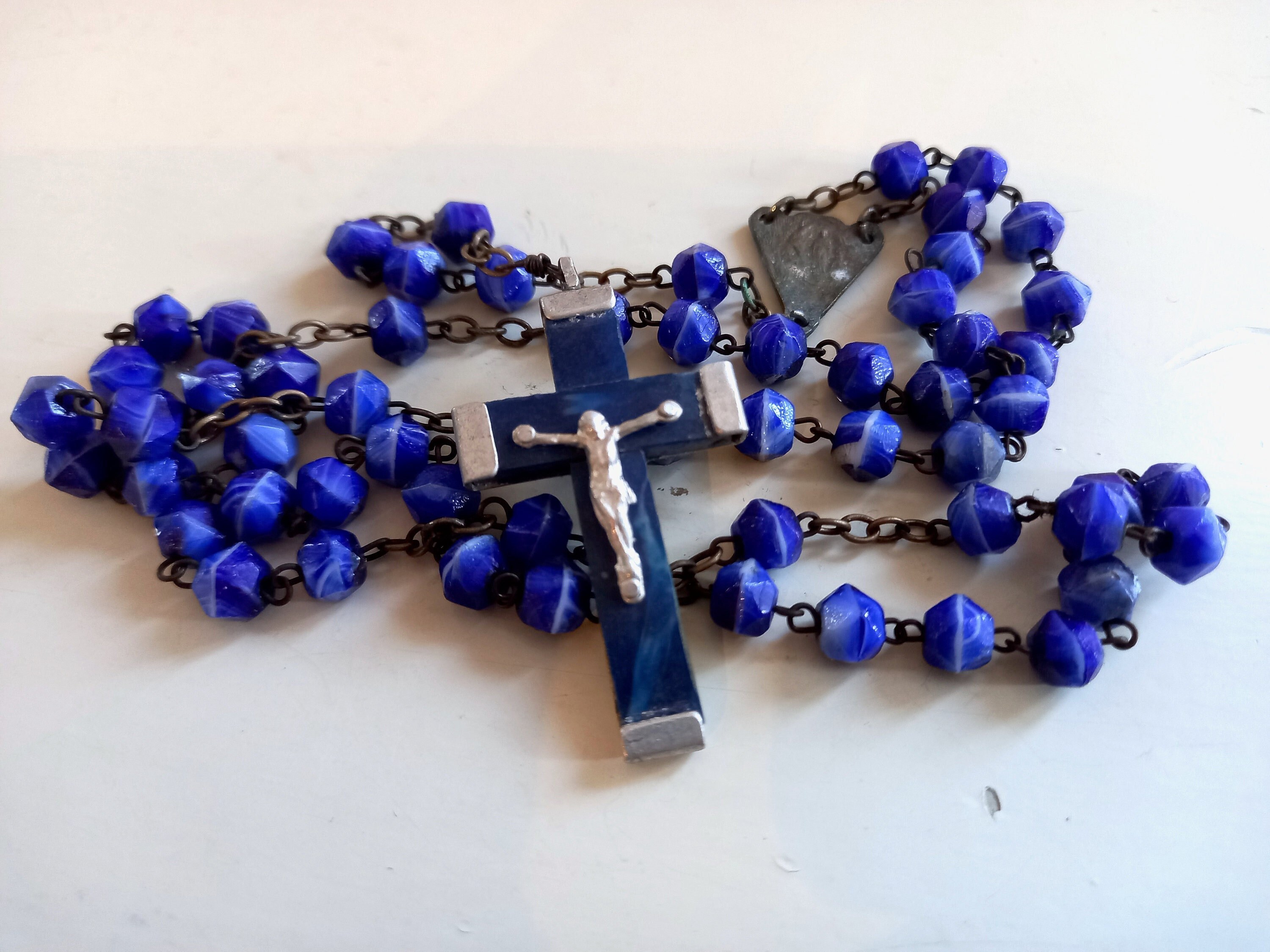 Rosaire Perle Bleu Adulte - Collier Lourdes Vintage Catholique France Bijoux Catholiques Vintage Ros