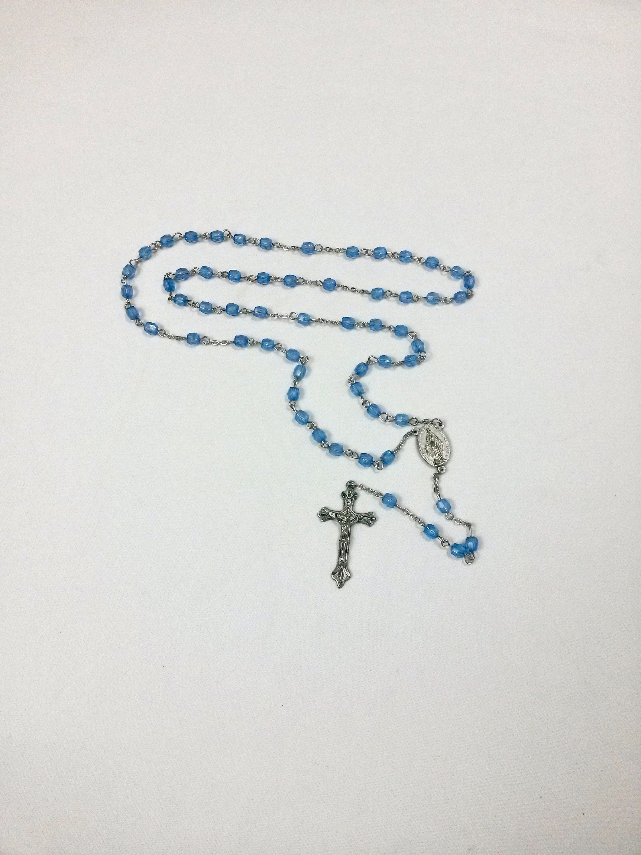 59 Collier de Chapelet Perles Bleues - Catholique France Bijoux Catholiques Vintage Rosaire en Plast