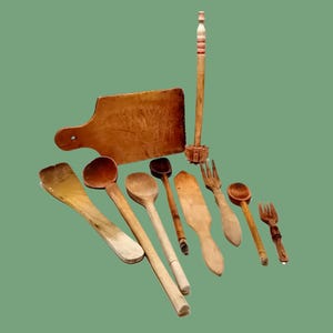 Juego de espátulas de madera vintage (10 piezas) - Decoración rústica de cocina francesa