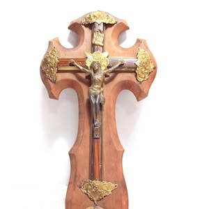 Antique French Crucifix with Font: Early Century Catholic Home Decor (9.9&quot;)