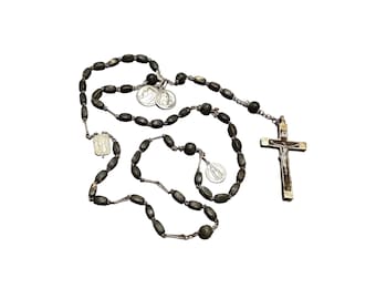 23.6" Antique Distressed Rosary - Medallion Rosary France - Black Wooden Beaded Prayer Beads - Silver and Black Pendant Crucifix