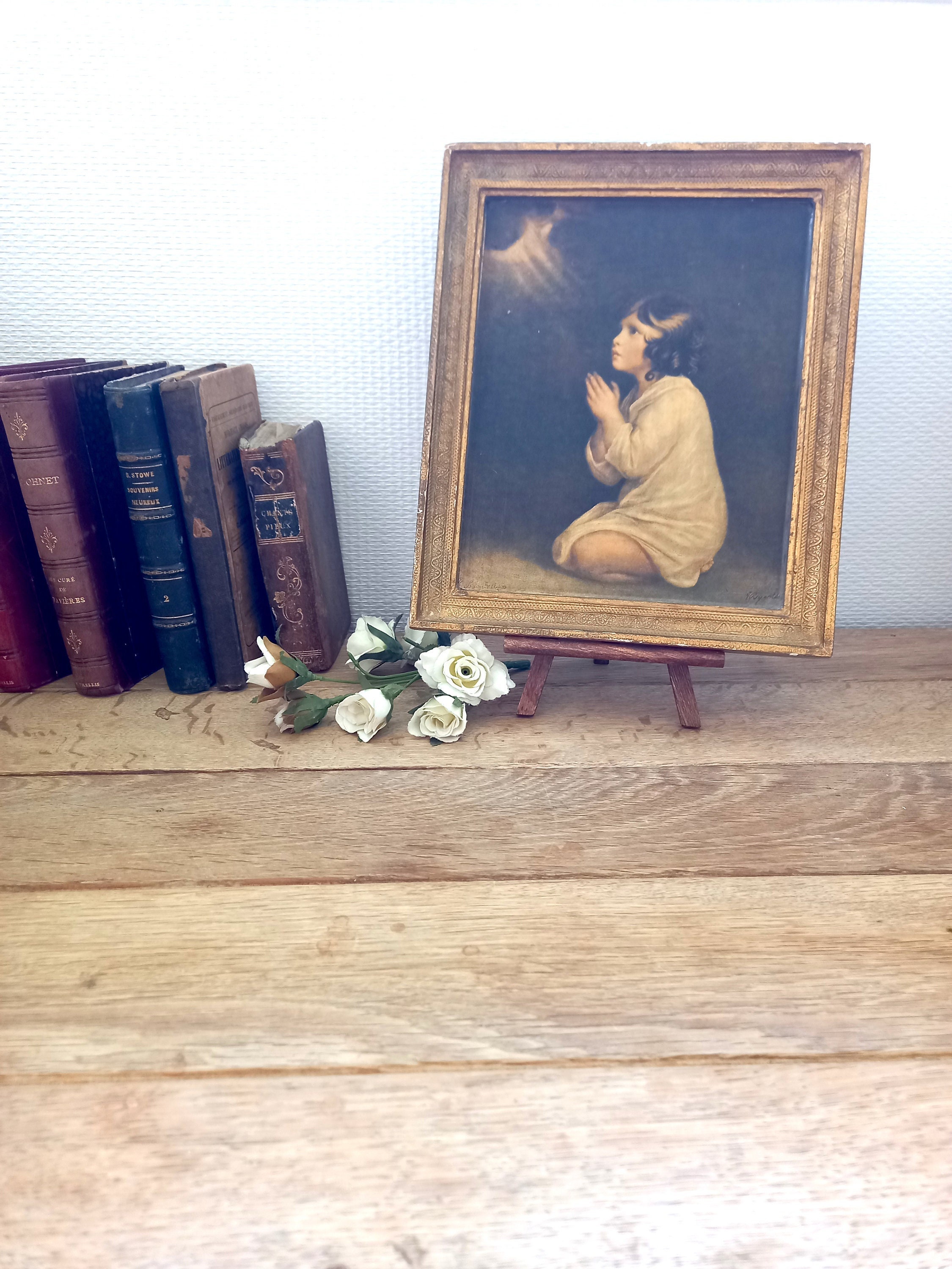 Gold Framed Little Samuel - Gold Religious Art Reynolds Repro Wall Notre Dame Alger Vintage Picture