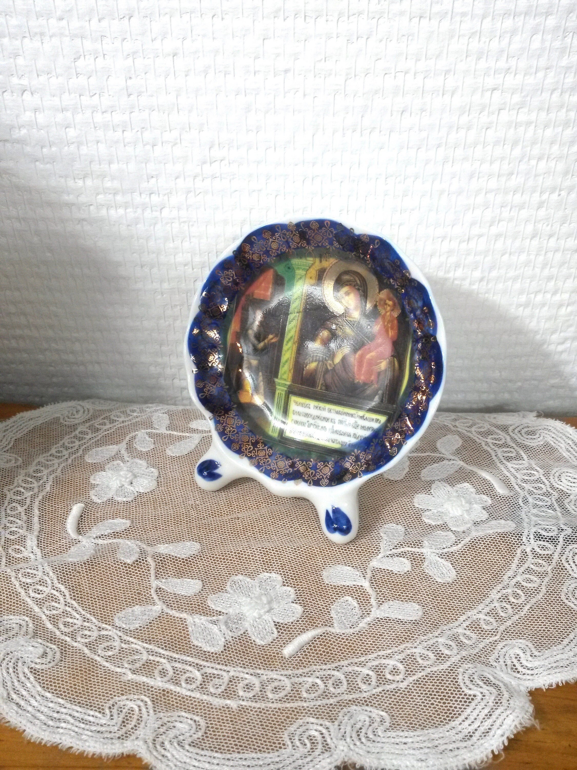 Petit Stand en Porcelaine - Art Byzantin Porcelaine Icône Religieuse Transfer Print Porcelain Cobalt