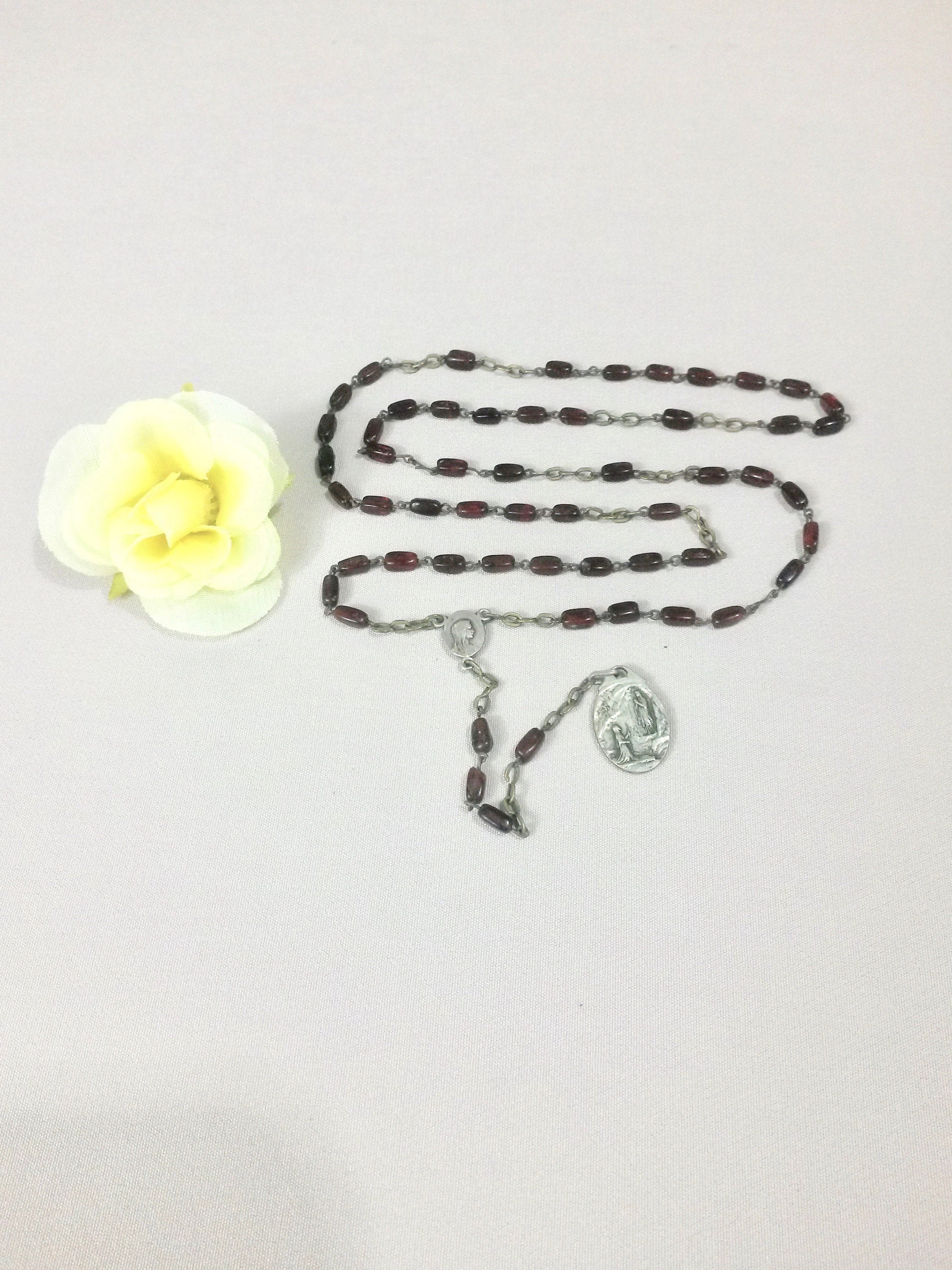 Rosaire Français Antique Adulte 15 - Perles Oblongues de Verre Rouge Rosaire Du Début Siècle France 