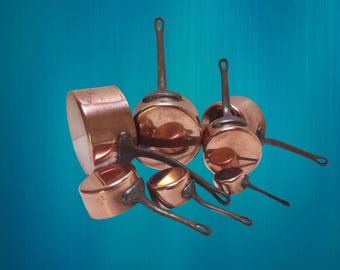 6 Antique French Copper Casserole Set: Farmhouse Kitchen Display Pots