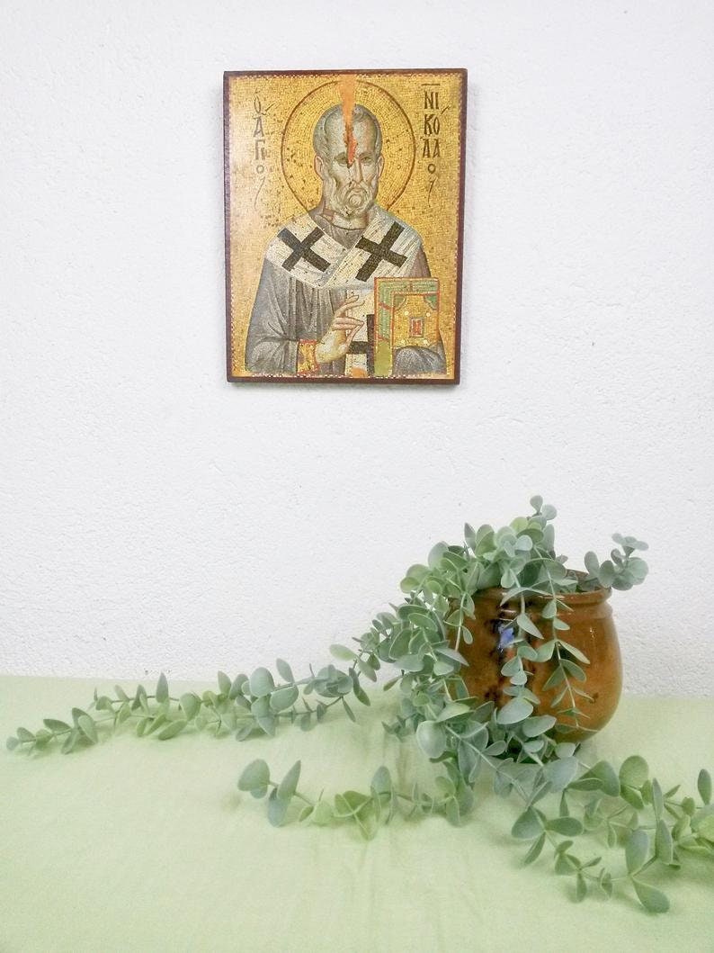 Imprimé Religieux Russe Orthodoxe - Saint Nicolas Repro 1800S Religious Art Mosaic Icon Print On Woo