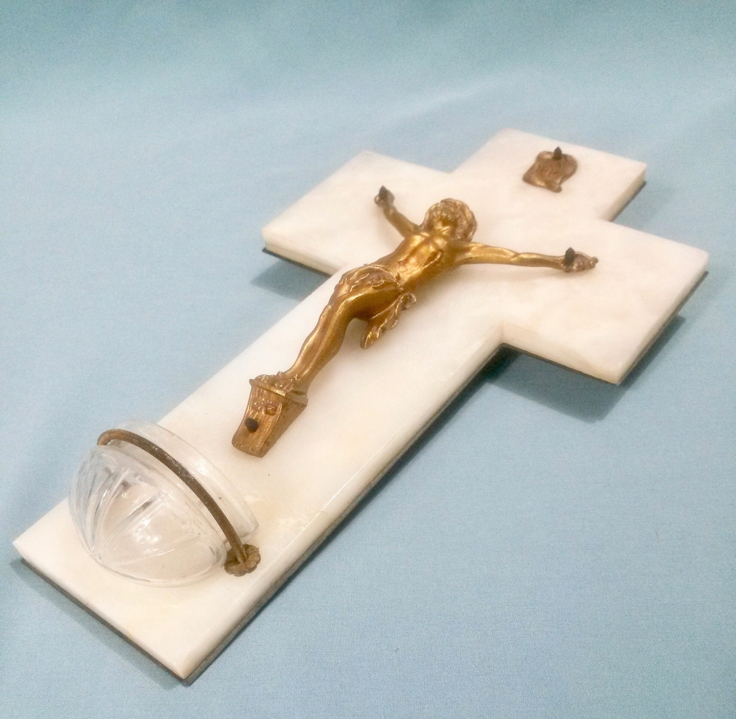9.6 White Marble Holy Water Font - Crucifix Antique Home Antique
