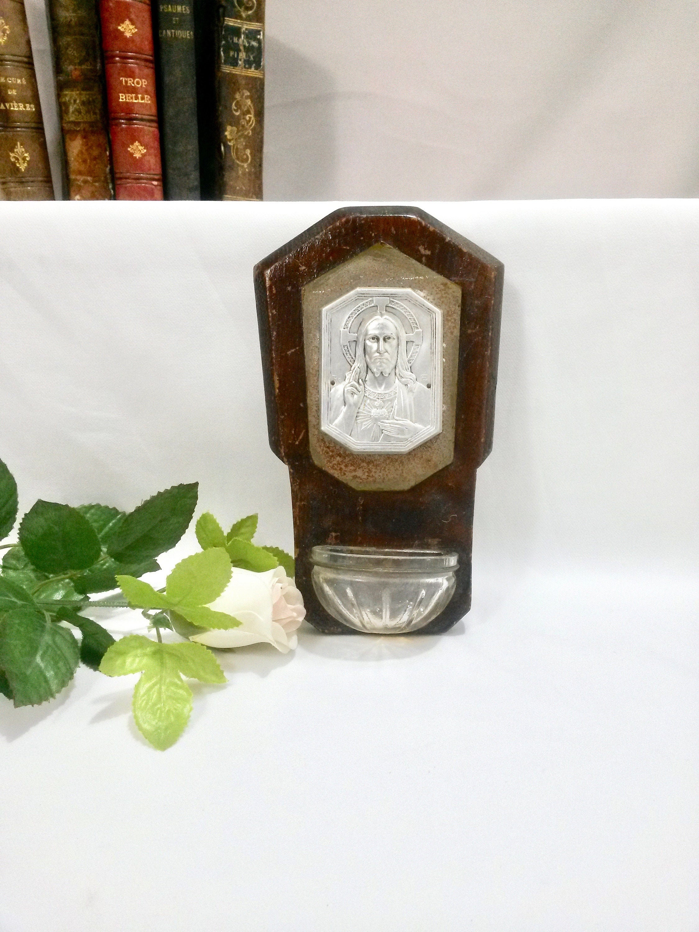 Mid Century 7 Holy Water Font - Primitive Home Jesus Sacred Heart Medallion Devotional Decor