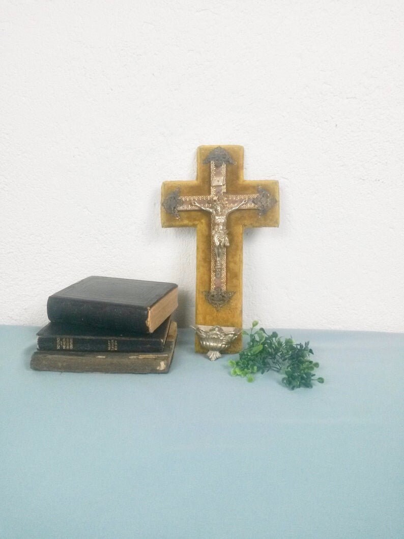 11.8 Velvet Victorian Crucifix - Antique Holy Water Font Home Catholic Decor Gold Crucifix