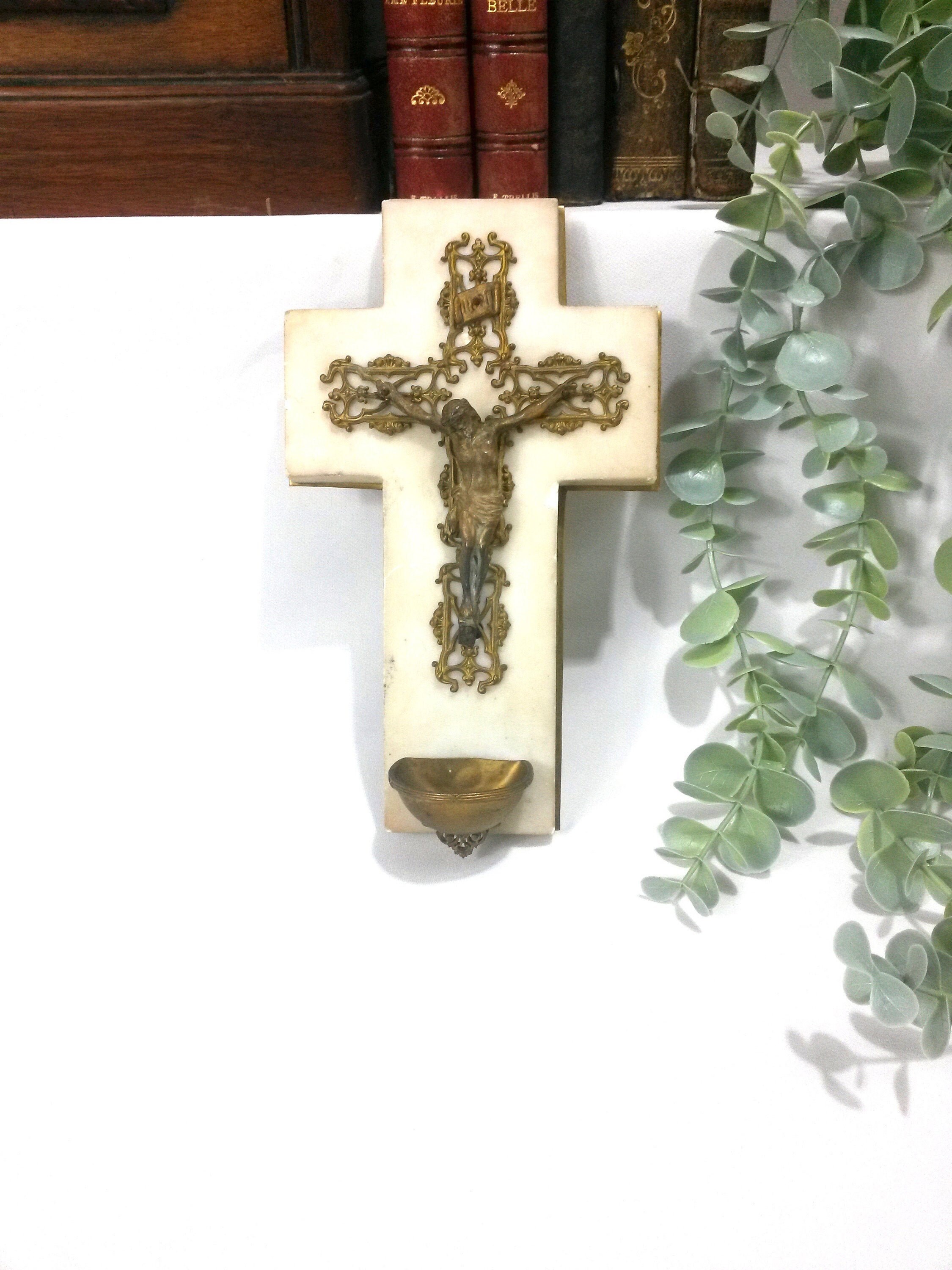 7.9 Elaborate Victorian Marble Crucifix - Holy Water Font Brass Wall Catholic White Font