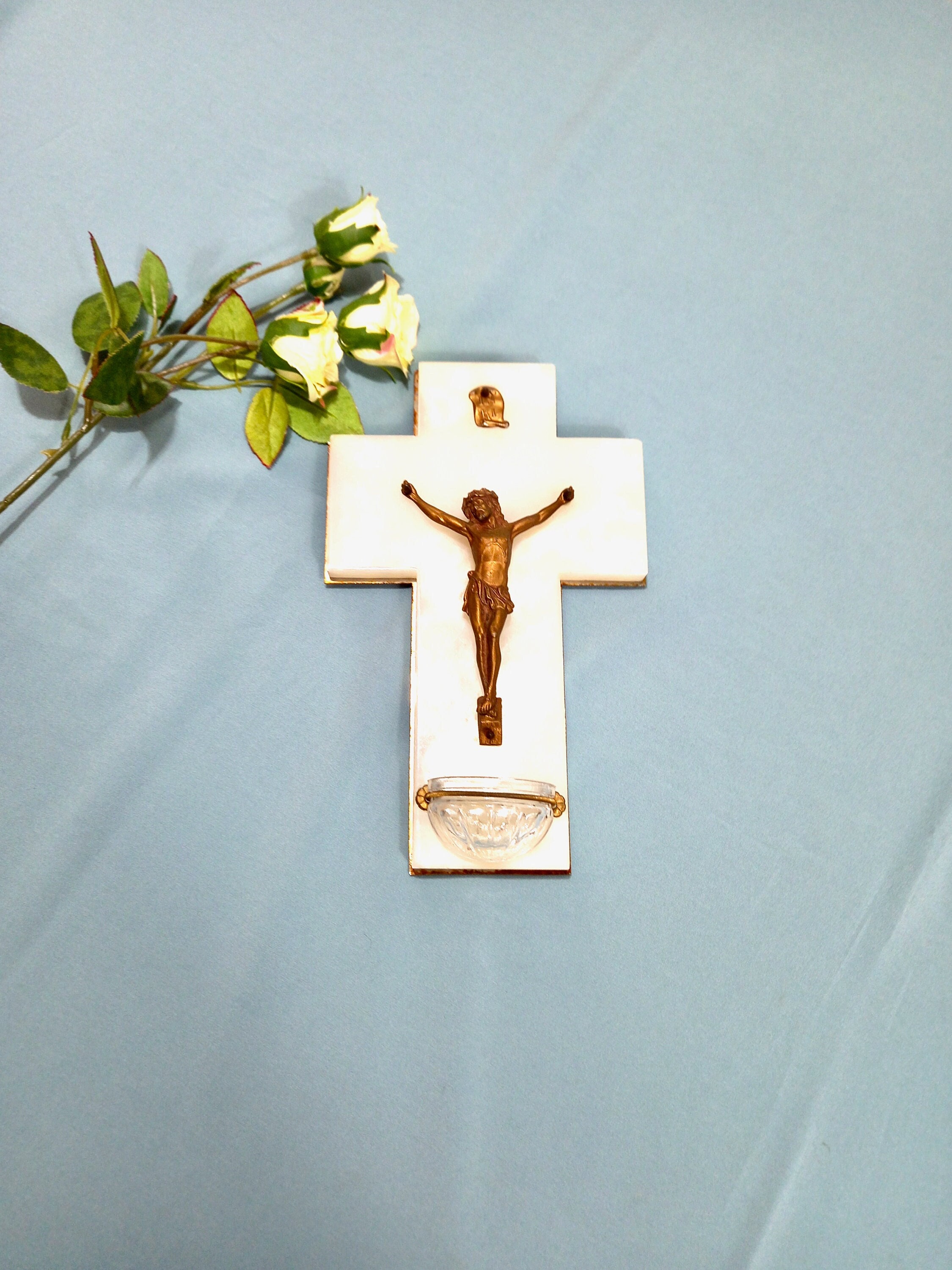 8 Crucifix en Marbre Blanc France - Fonte d'eau Bénite Marbre Police Antique Home Font Antique